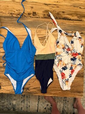Three One-Piece Swimsuits - Blue, Peach/Olive/Black, Floral